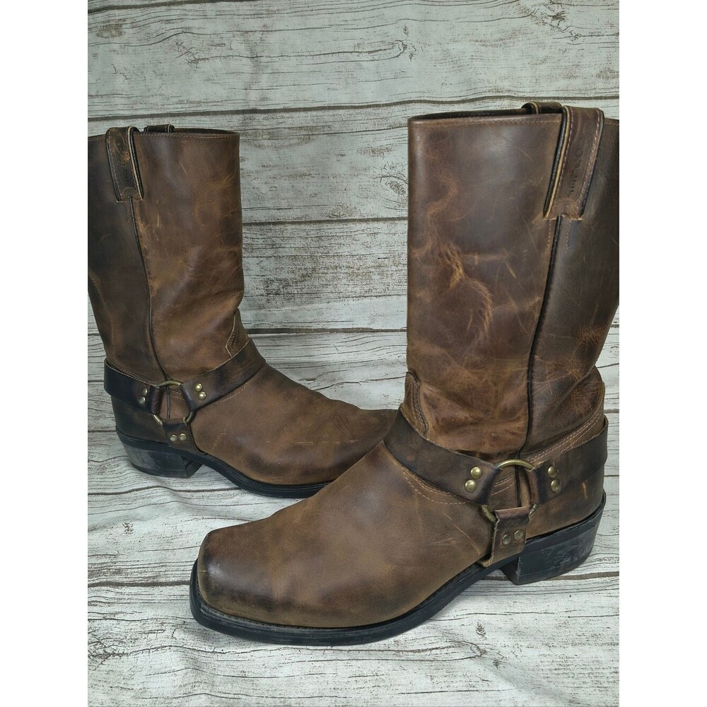 Boulet Distressed Brown Leather Harness Motorcycle Square Toe Boots Size 11.5